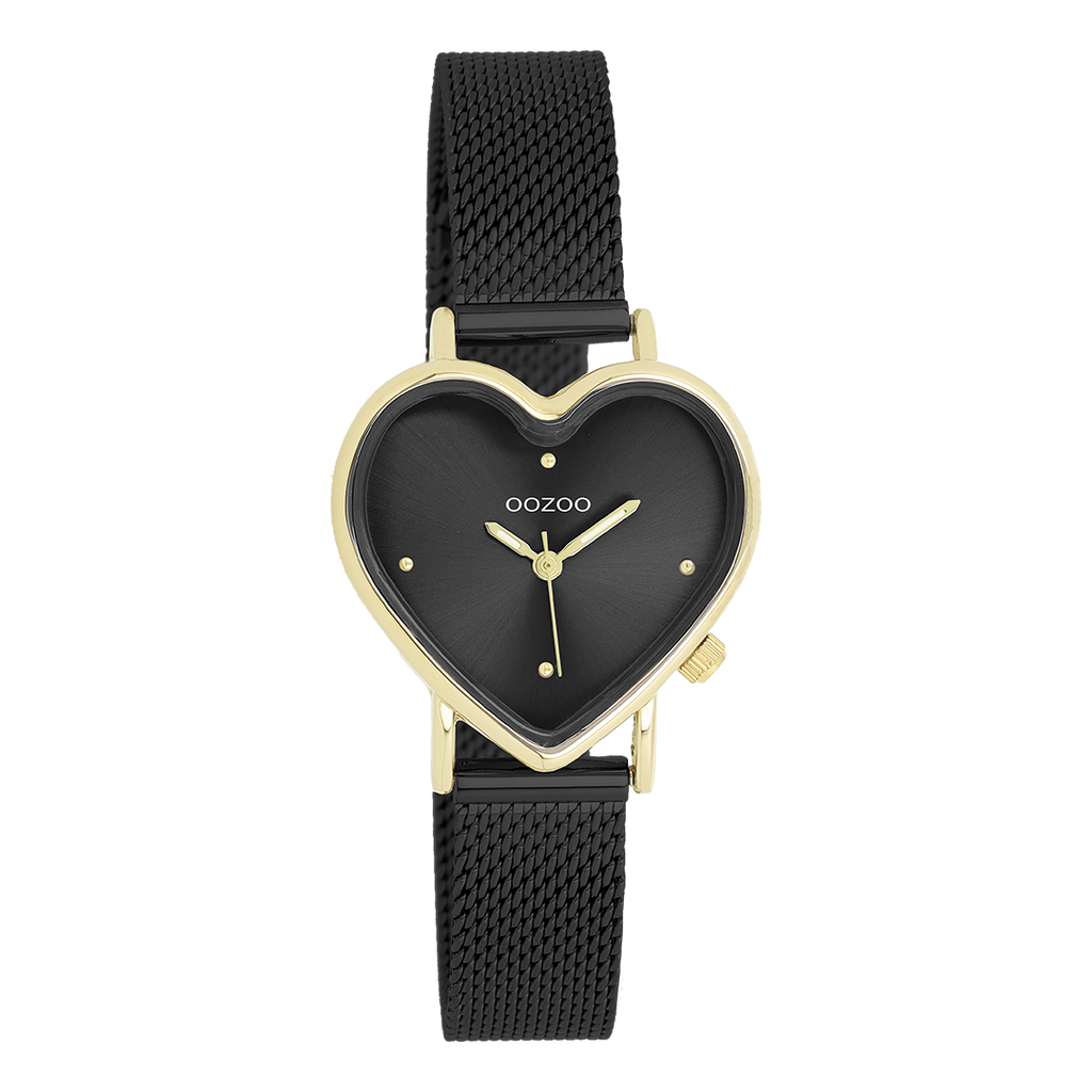 OOZOO Montre en couleur or avec bracelet en mesh en noir - C11447