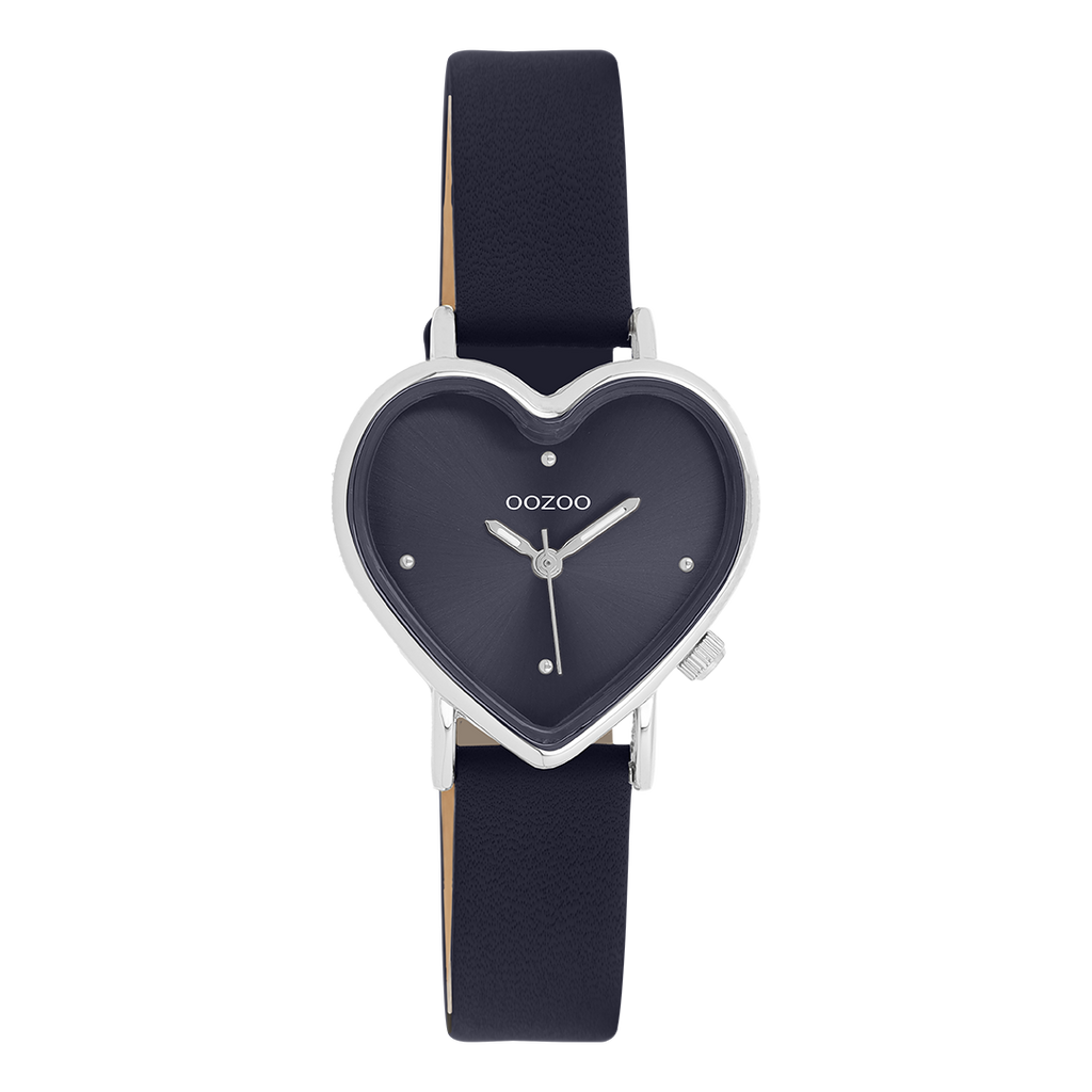 Silver coloured OOZOO watch with dark blue leather strap - C11449