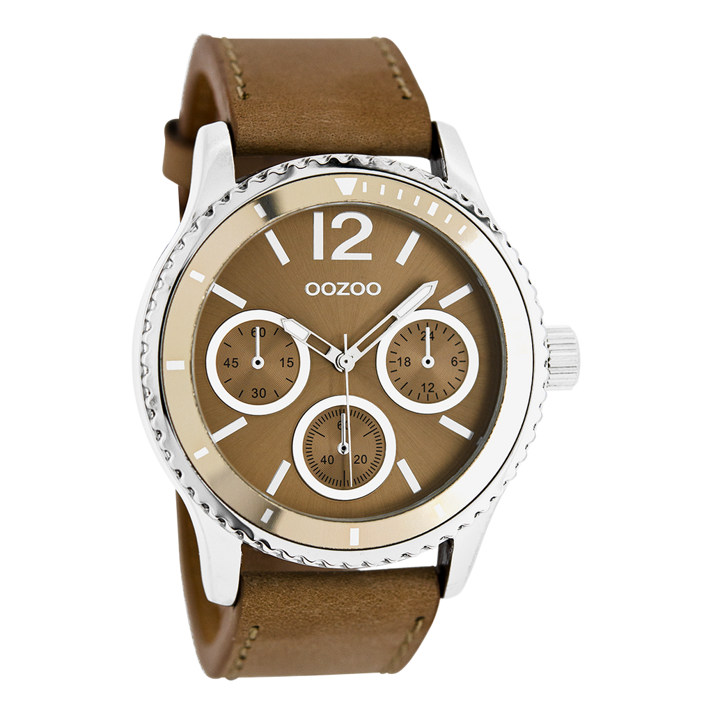 Zilverkleurige OOZOO horloge met bruine leren band - C5677