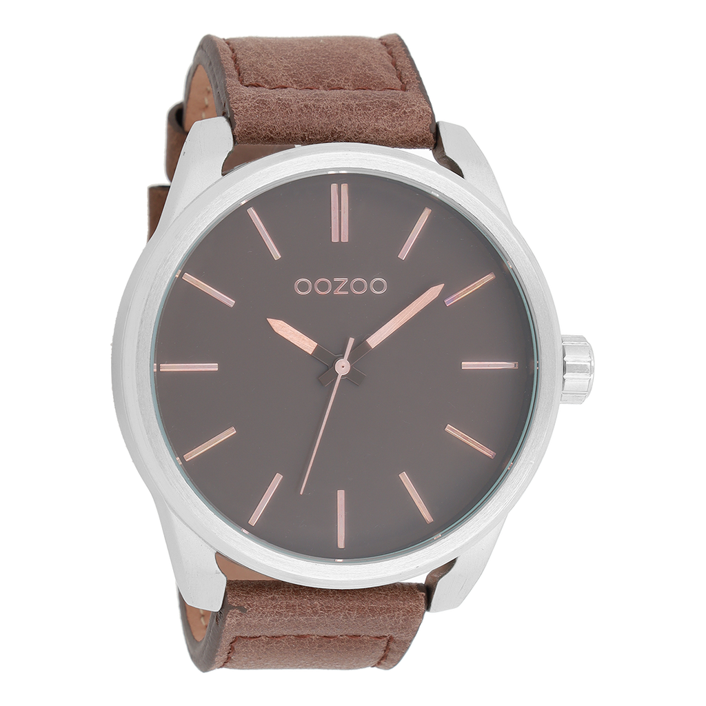 Silver coloured OOZOO watch with dark brown leather strap - C7073