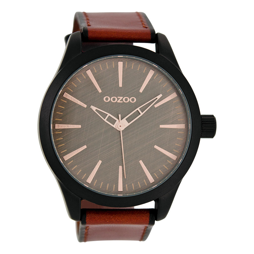 Black OOZOO watch with red brown leather strap - C7427