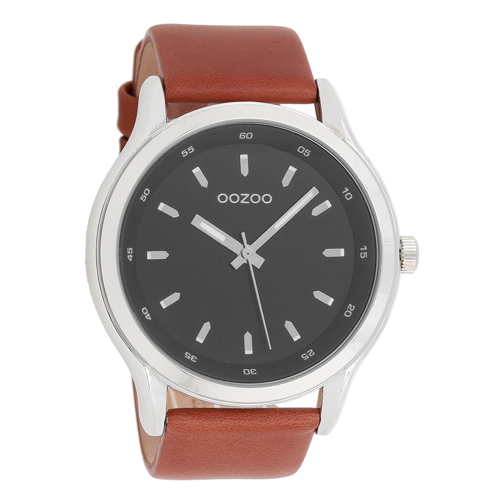 Zilverkleurige OOZOO horloge met cognac leren band - C7431