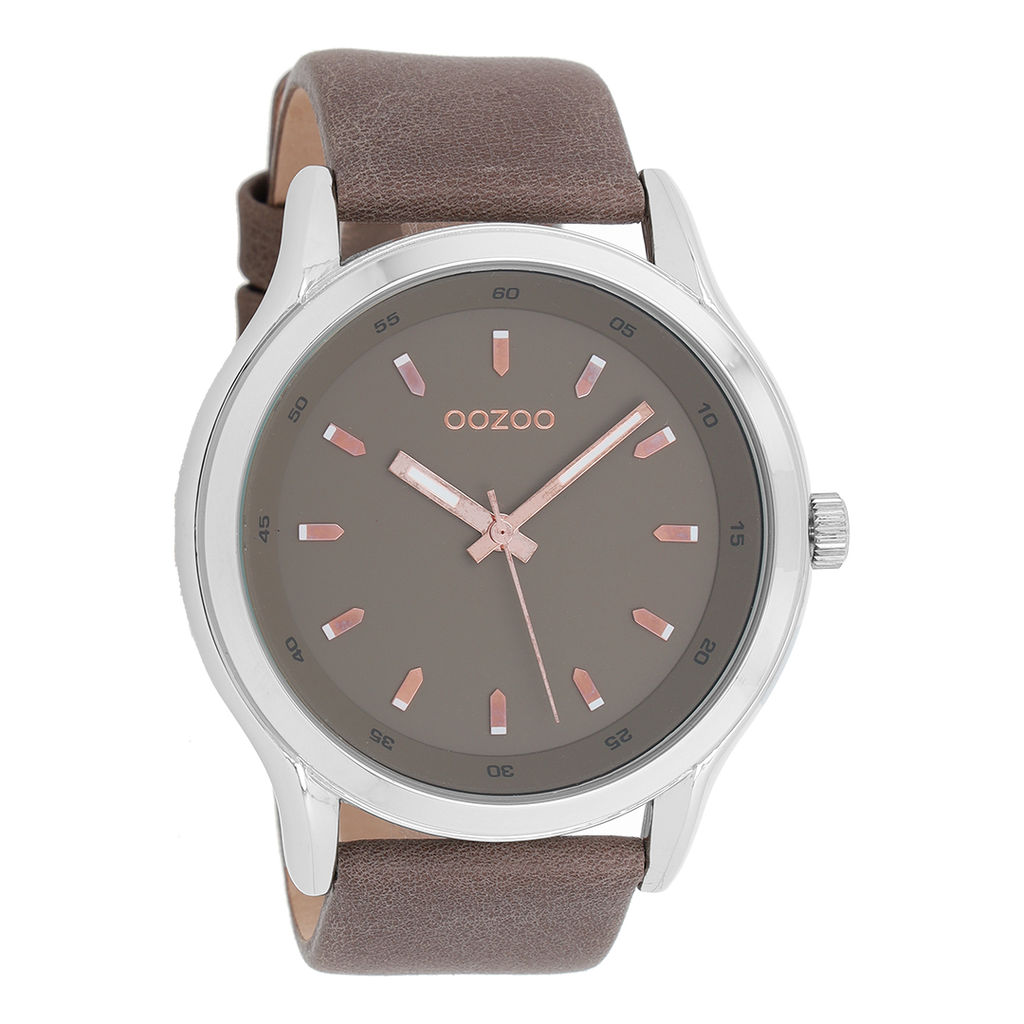 Zilverkleurige OOZOO horloge met donker bruine leren band - C7433