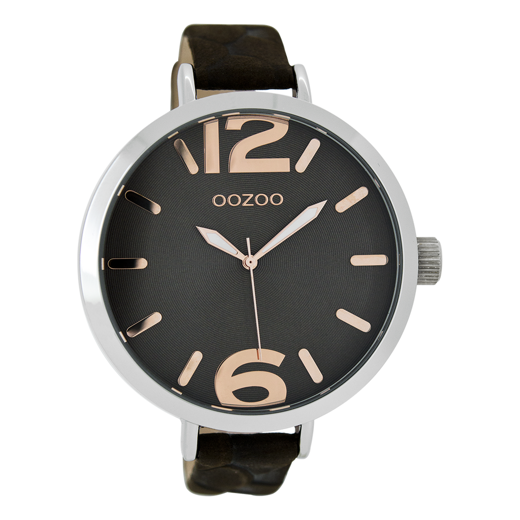 OOZOO Montre en couleur argent avec bracelet en cuir en marron foncé - C7513