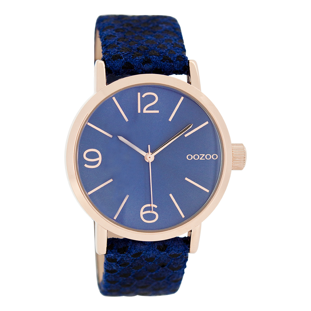 OOZOO Montre en couleur or rose  avec bracelet en cuir en bleu foncé - C7577