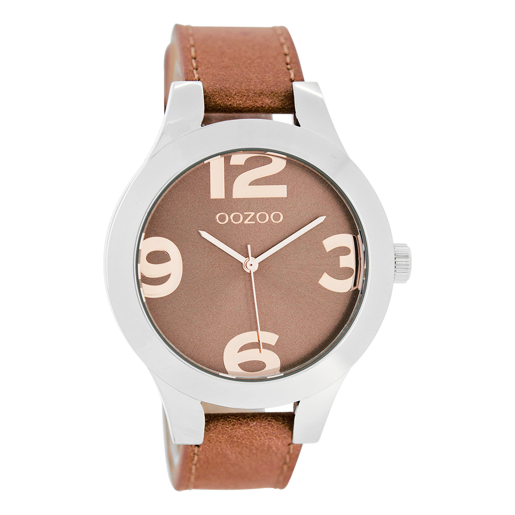 Silver coloured OOZOO watch with dusty orange leather strap - C7591