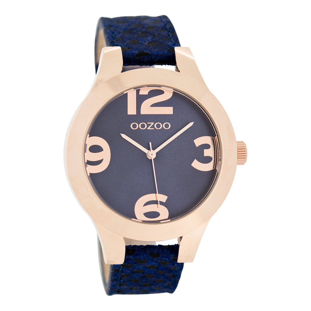 Rose gold coloured OOZOO watch with dark blue  leather strap - C7598