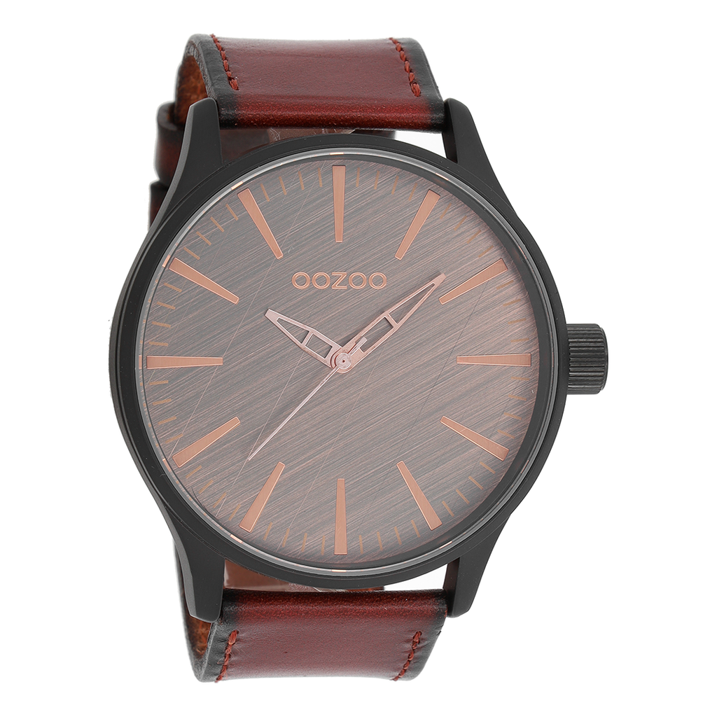 OOZOO Montre en noir avec bracelet en cuir en rouge/marron - C7862