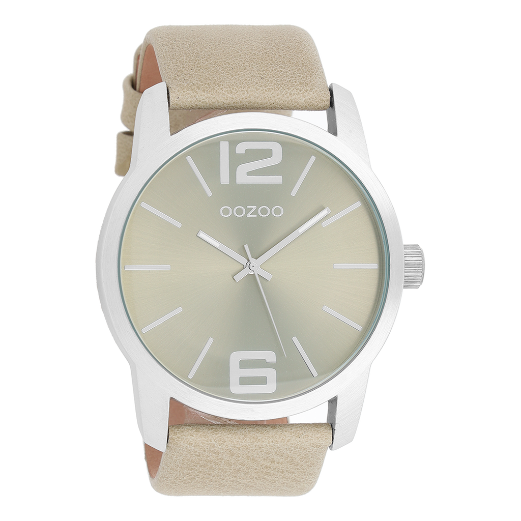 Silver coloured OOZOO watch with sand/light green leather strap - C8031