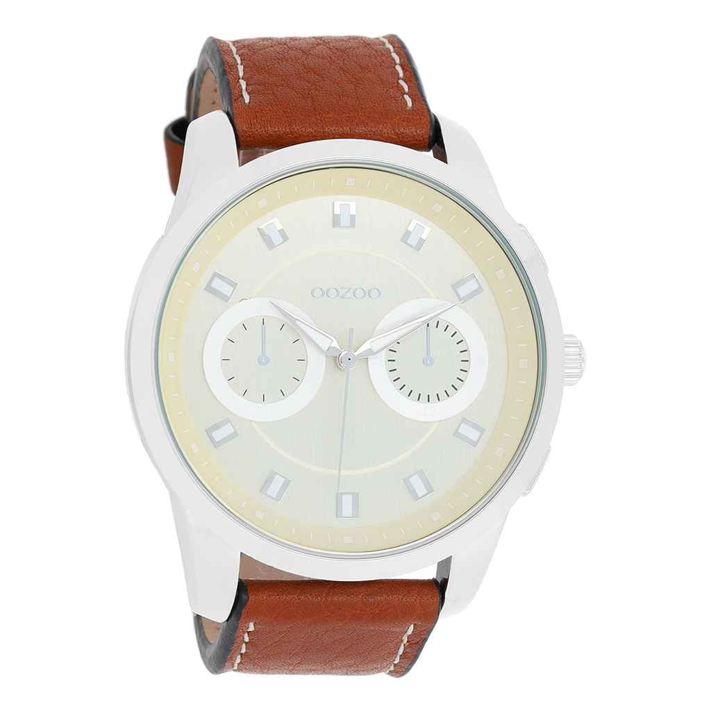 Silver coloured OOZOO watch with cognac leather strap - C8206