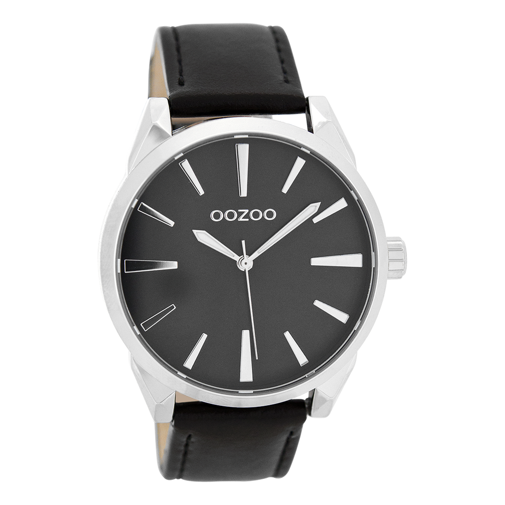 Silver coloured OOZOO watch with black leather strap - C8364