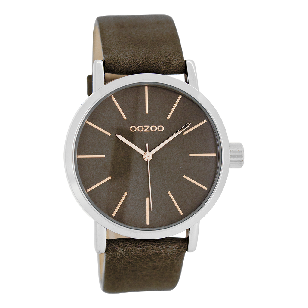 Silver coloured OOZOO watch with dark brown leather strap - C8423