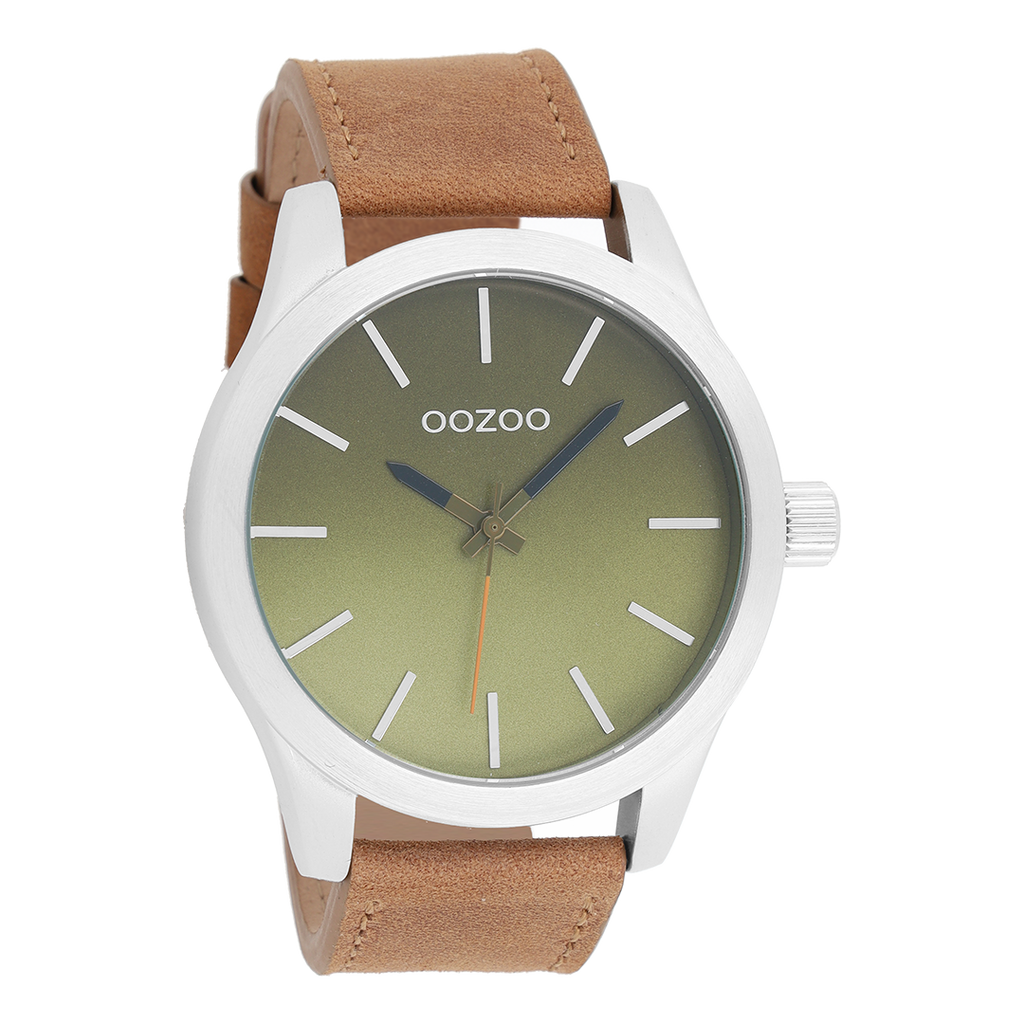 Silver coloured OOZOO watch with brown  leather strap - C8556