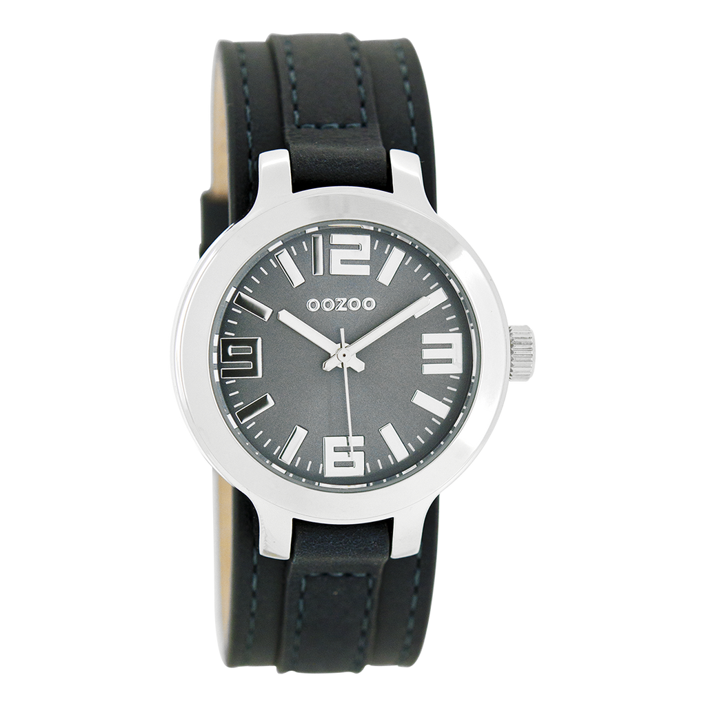 OOZOO Montre en couleur argent avec bracelet en cuir en bleu foncé - C8707