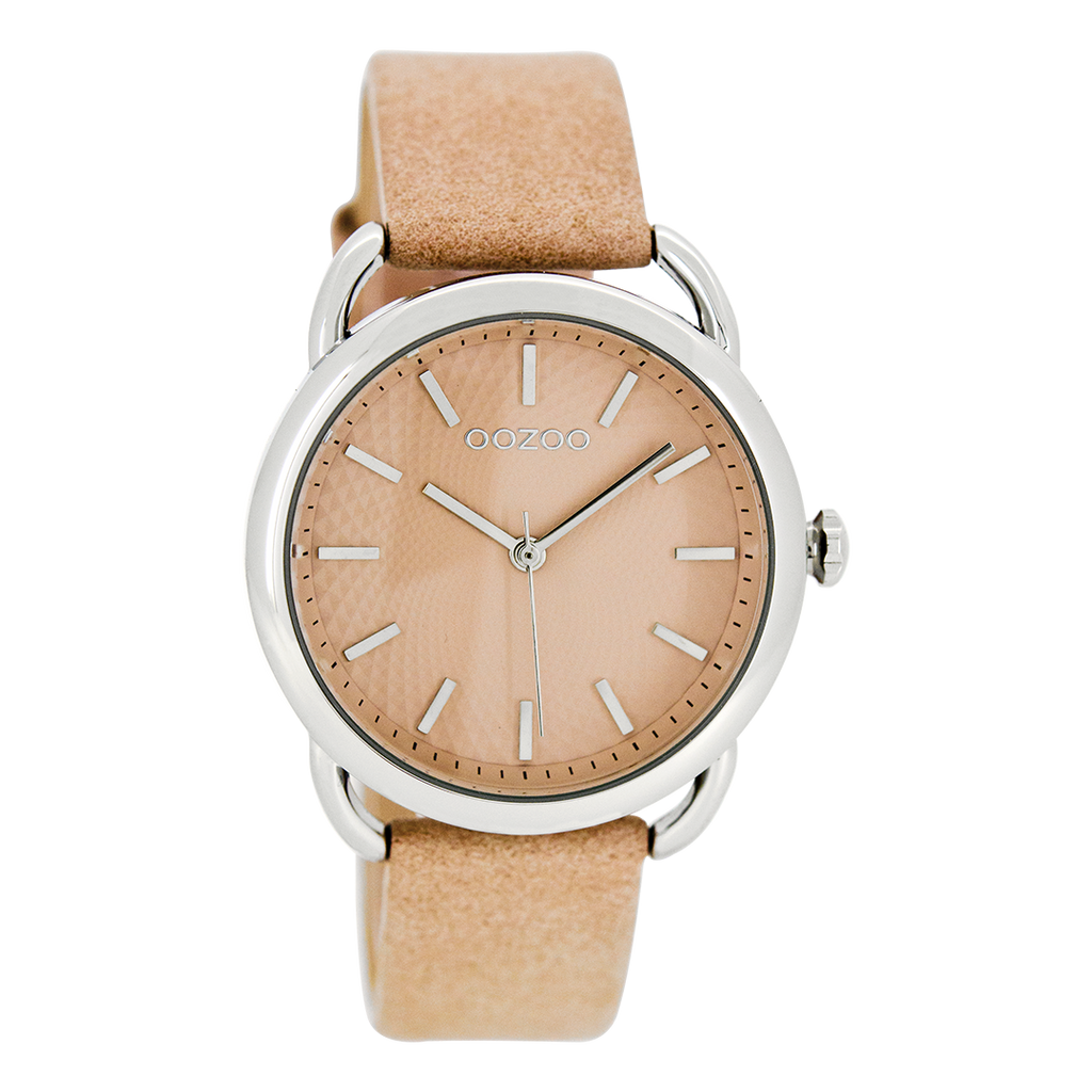 Silver coloured OOZOO watch with pink grey  leather strap - C8716