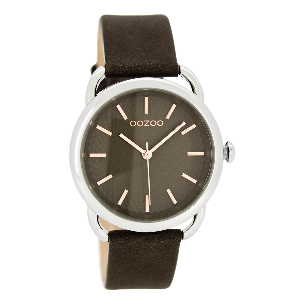 Silver coloured OOZOO watch with brown  leather strap - C8719