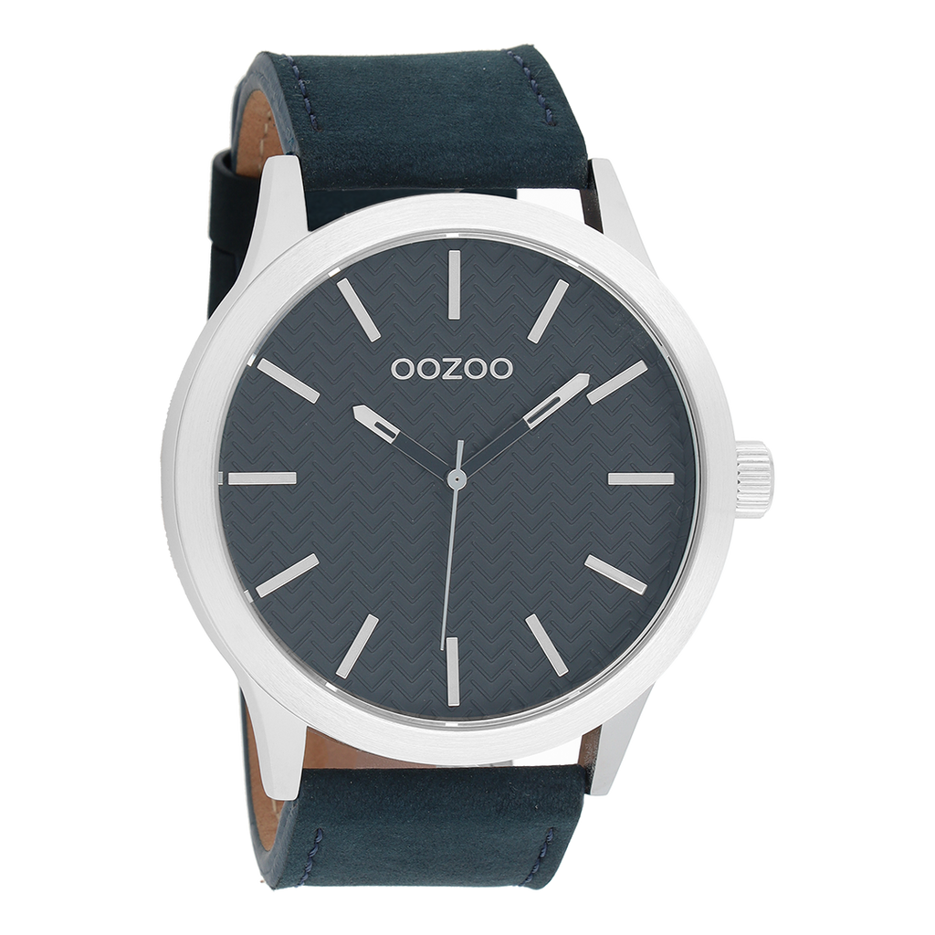 Silver coloured OOZOO watch with dark blue leather strap - C9013