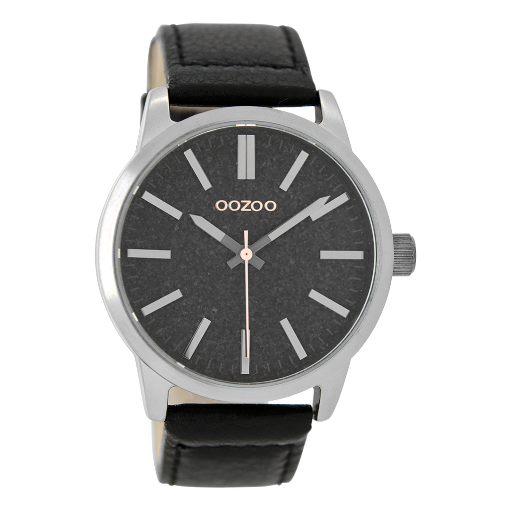 Silver coloured OOZOO watch with black leather strap - C9069