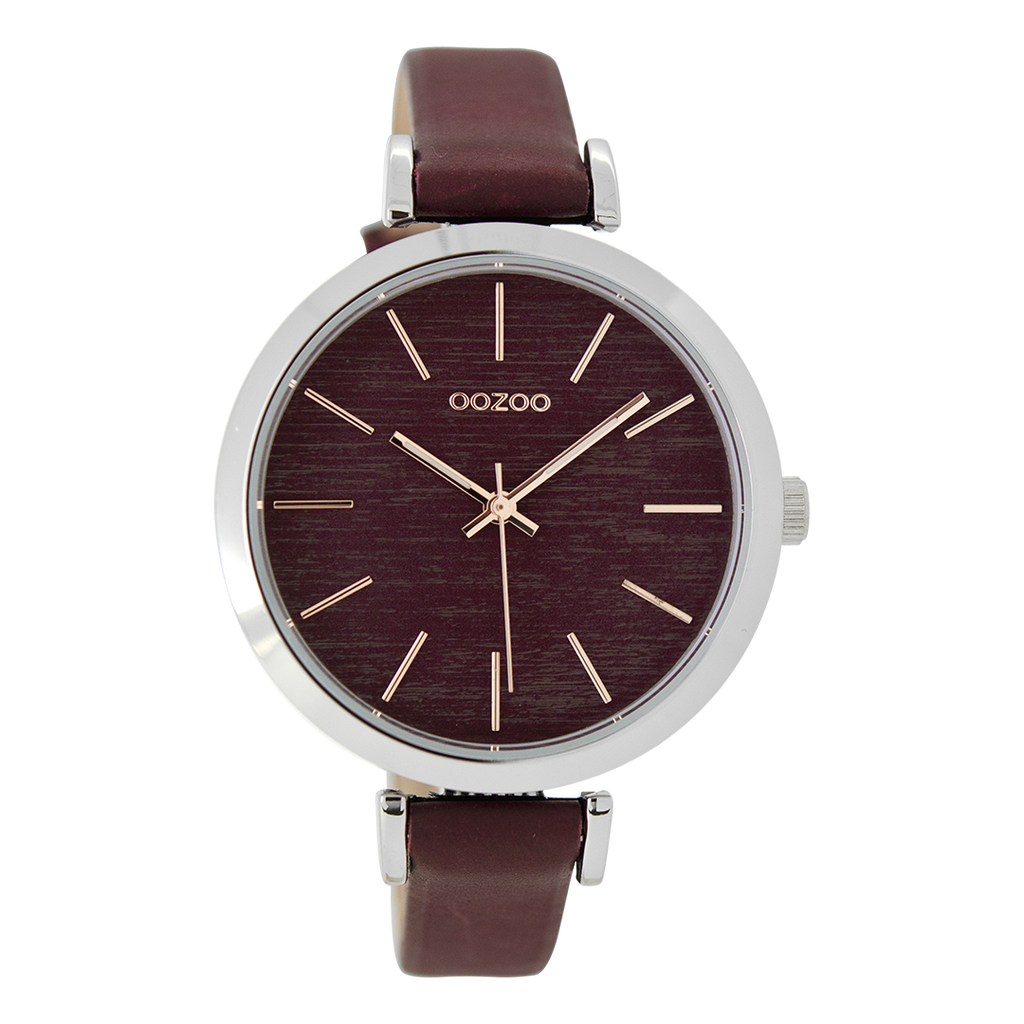 OOZOO Montre en couleur argent avec bracelet en cuir en bordeaux - C9137