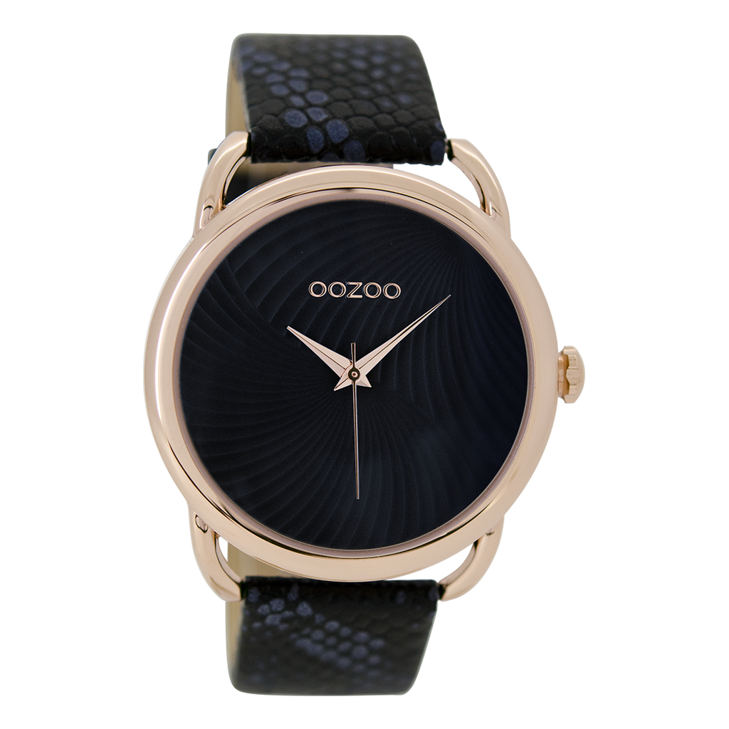 OOZOO Montre en couleur or rose  avec bracelet en cuir en noir - C9164