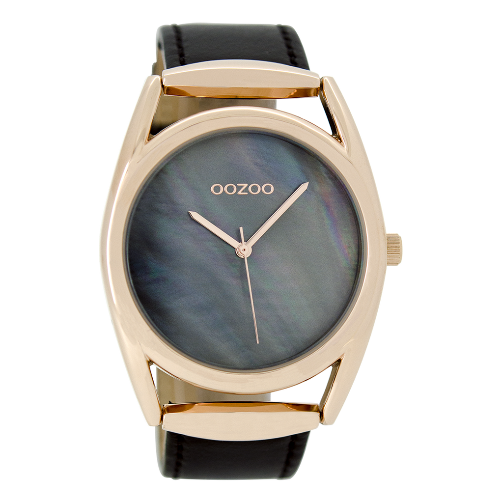 OOZOO Montre en couleur or rose  avec bracelet en cuir en noir - C9169