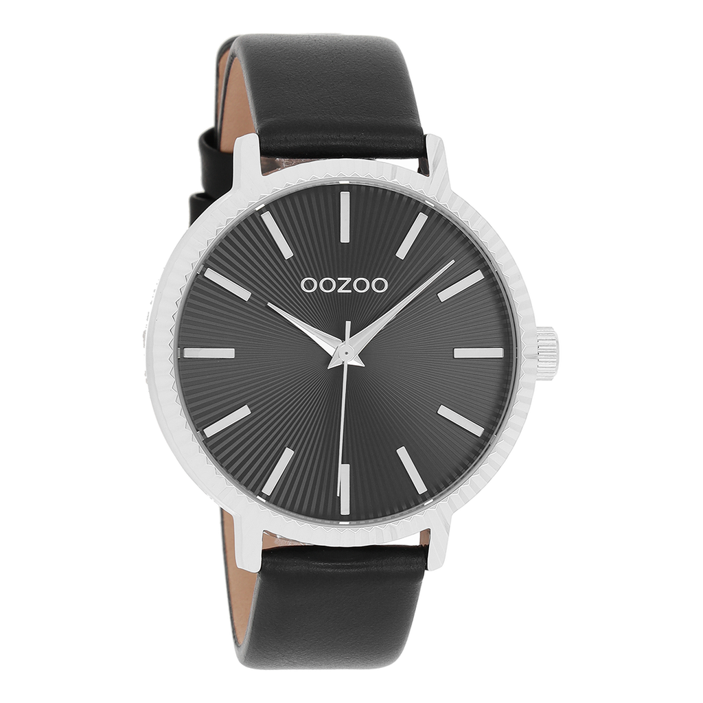 OOZOO Montre en couleur argent avec bracelet en cuir en noir - C9199