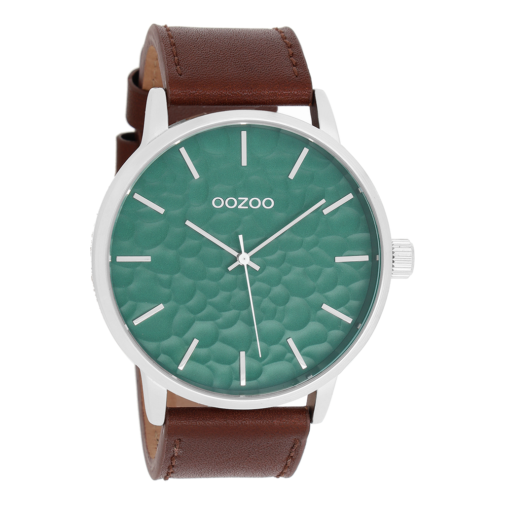 Silver coloured OOZOO watch with brown  leather strap - C9441