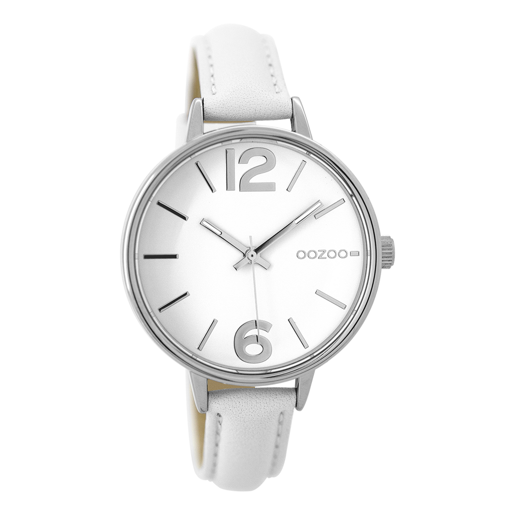 Zilverkleurige OOZOO horloge met witte leren band - C9480