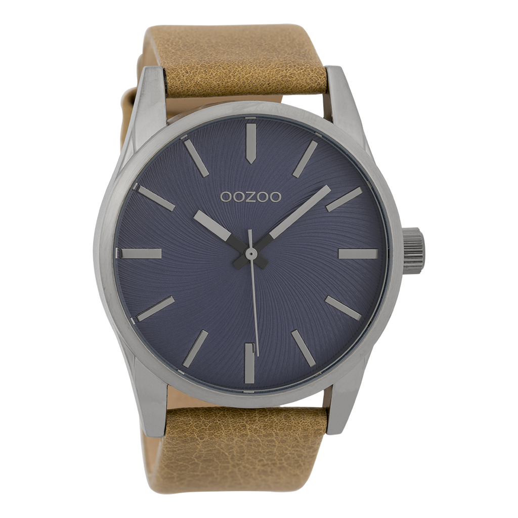 Silver coloured OOZOO watch with camel leather strap - C9625