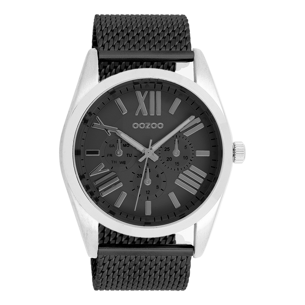 Silver coloured OOZOO watch with black metal mesh bracelet - C9644