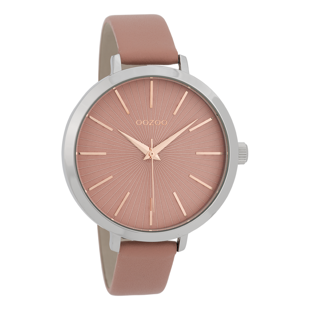 Zilverkleurige OOZOO horloge met warm roze leren band - C9672