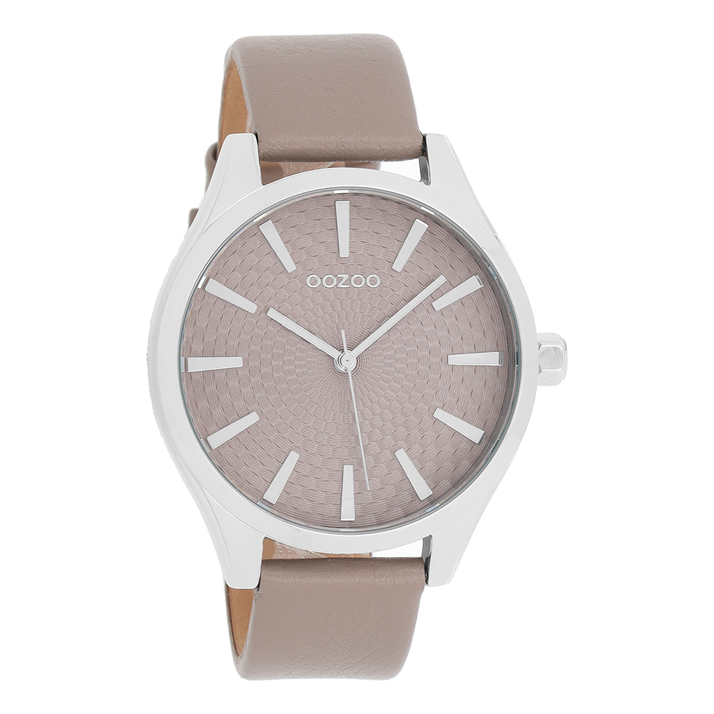 Zilverkleurige OOZOO horloge met taupe leren band - C9687