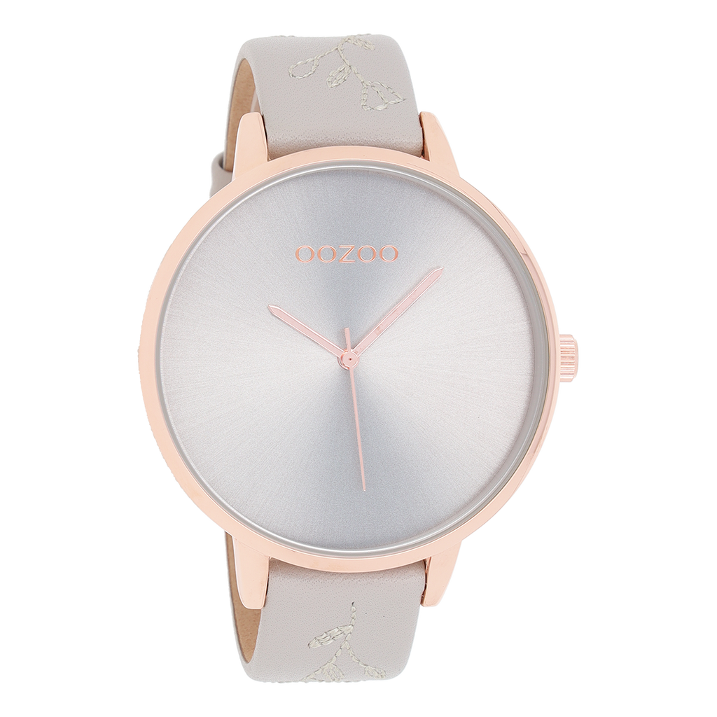 OOZOO Montre en couleur or rose  avec bracelet en cuir en gris clair - C9715